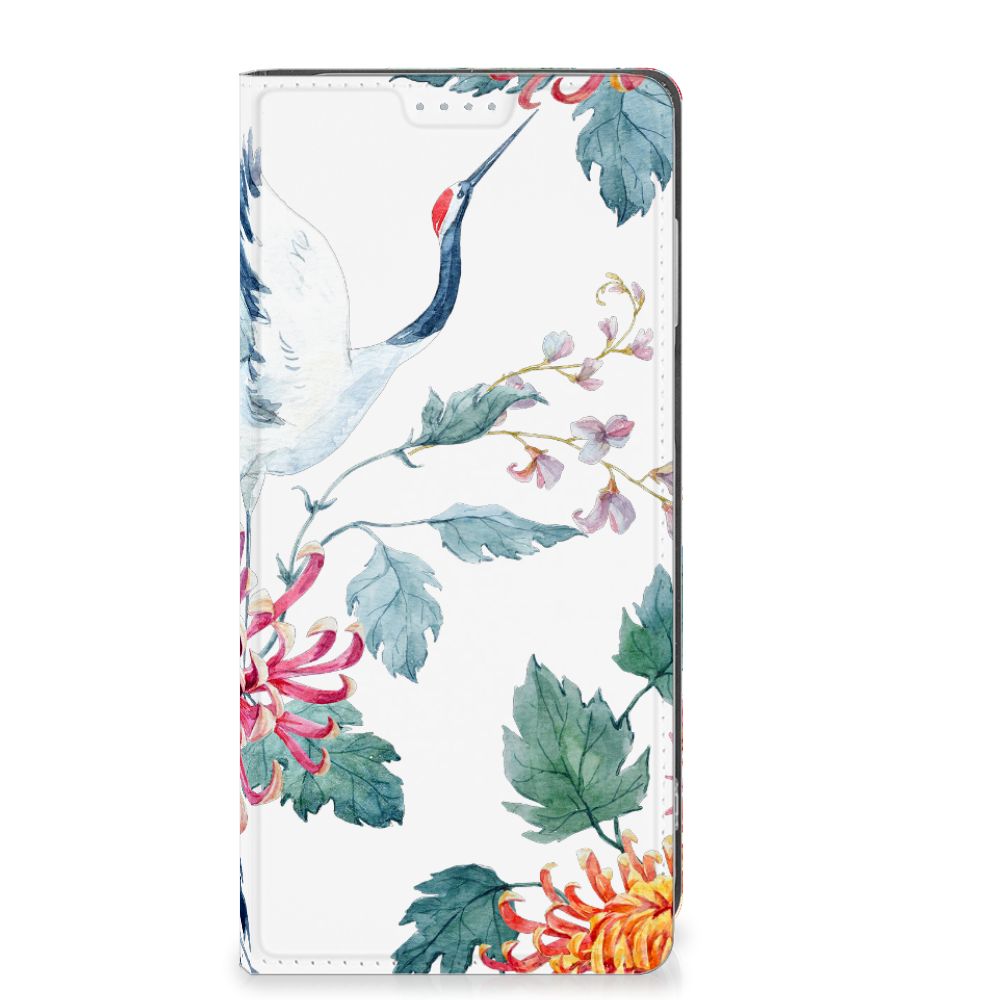 Motorola Moto G13 | G23 Hoesje maken Bird Flowers ontwerp ooievaar bloemen aanzicht