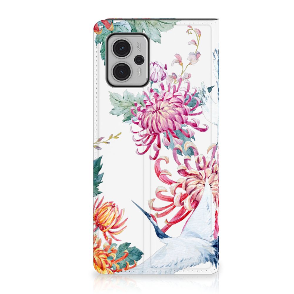 Motorola Moto G13 | G23 Hoesje maken Bird Flowers bloemen ooievaar design voorkant