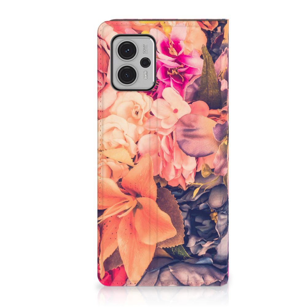 Motorola Moto G13 | G23 Smart Cover Bosje Bloemen bloemen oranje paarse roze design aanzicht