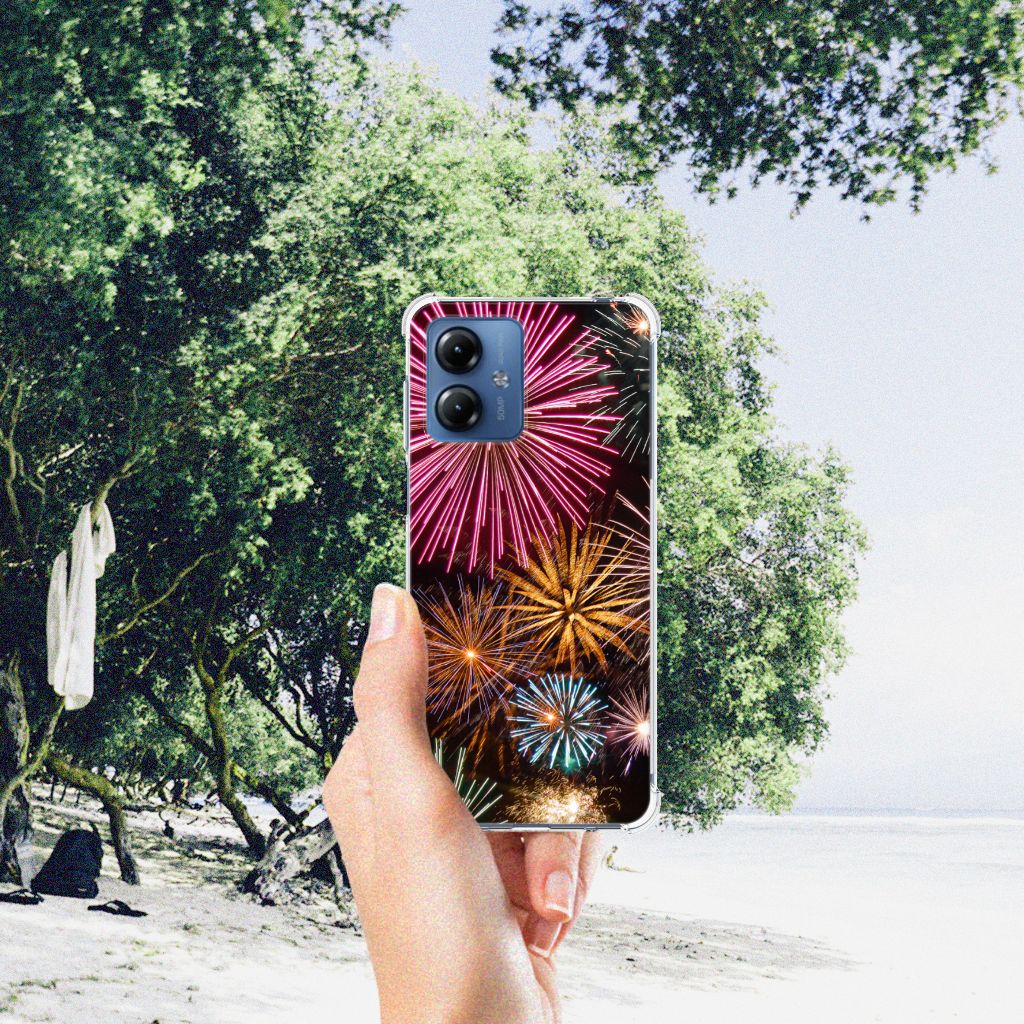 Motorola Moto G14 Anti Shock Bumper Case Vuurwerk handschoen ontwerp links