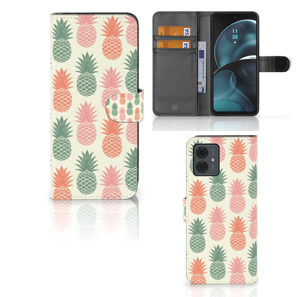 Motorola Moto G14 Book Cover Ananas telefoonhoesje ananas ontwerp aanzicht