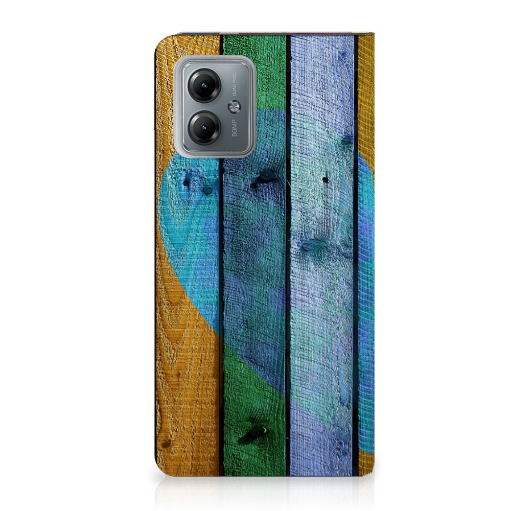 Motorola Moto G14 Book Wallet Case Wood Heart designkleurige houtstructuur