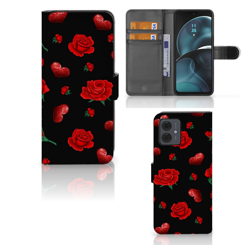 Motorola Moto G14 Leuk Hoesje Valentine bookcase design rozen aanzicht