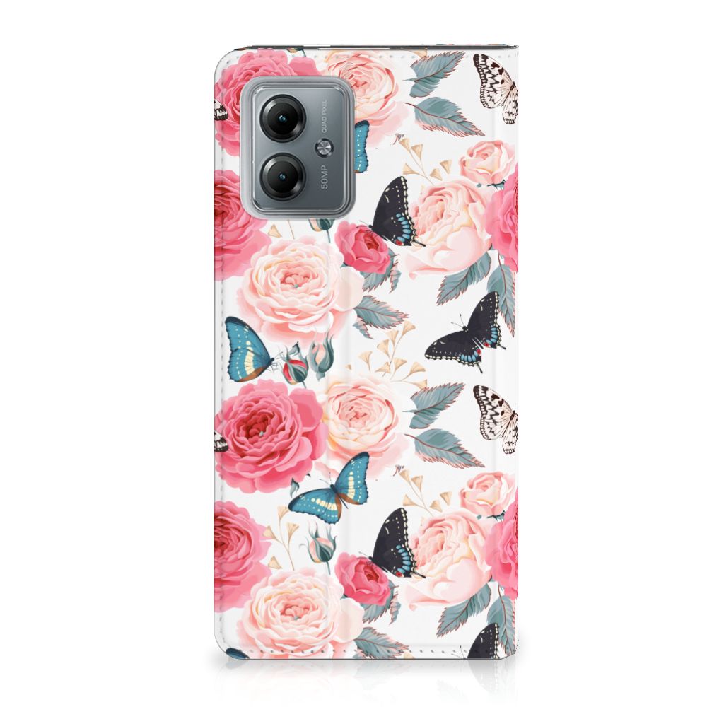 Motorola Moto G14 Smart Cover Butterfly Roses design vooraanzicht