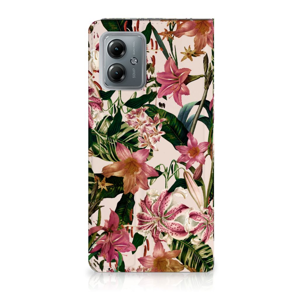 Motorola Moto G14 Smart Cover Flowers met paarswitte bloemen en groene bladeren voor elegante uitstraling en bescherming 🌺