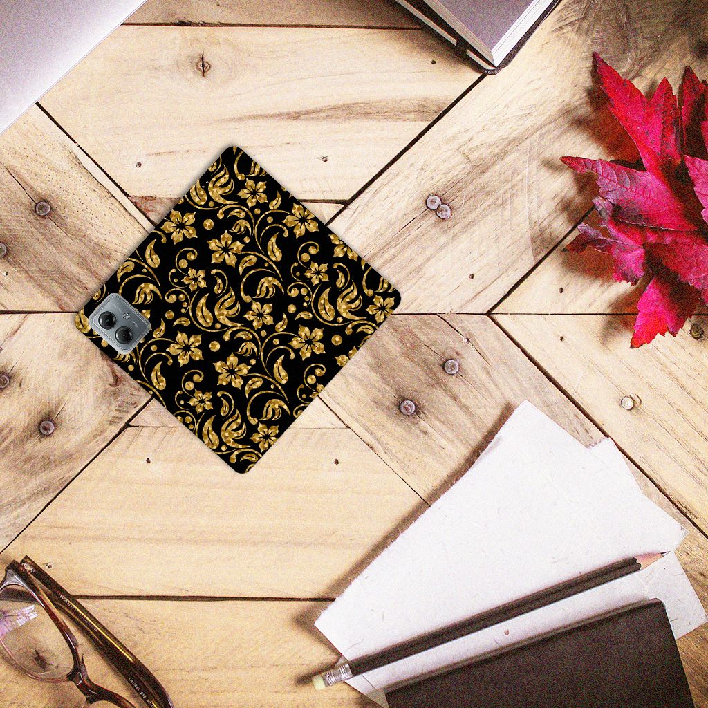 Motorola Moto G14 Smart Cover Gouden Bloemen bovenaanzicht telefoonhoesje ontwerp