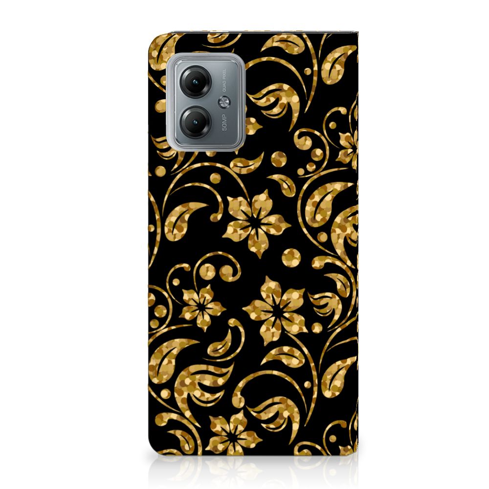Motorola Moto G14 Smart Cover Gouden Bloemen bloemen gouden design achterzijde