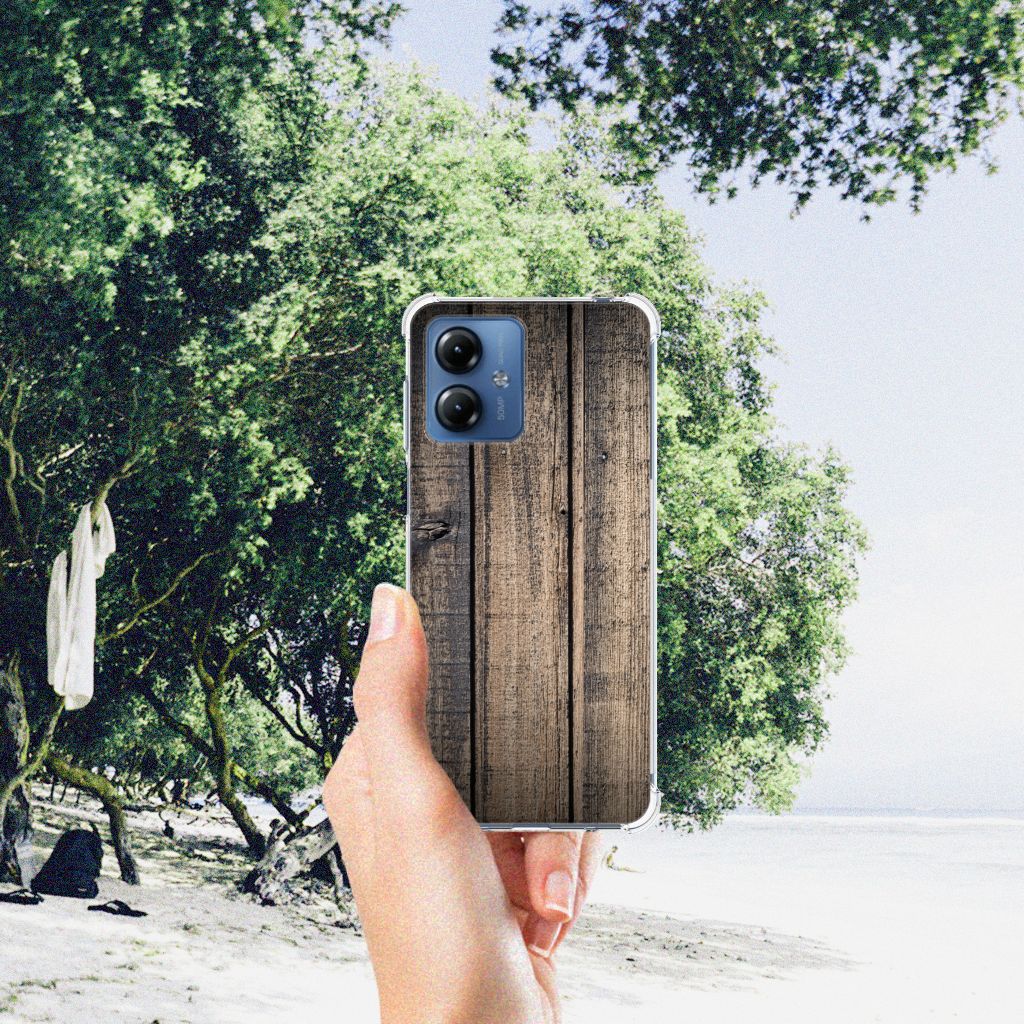 Motorola Moto G14 Stevig Telefoonhoesje Steigerhout B2C Telecom