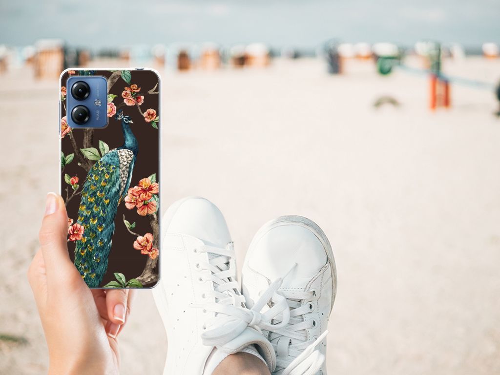 Motorola Moto G14 TPU Hoesje Pauw met Bloemen pauw met bloemen design hand strand