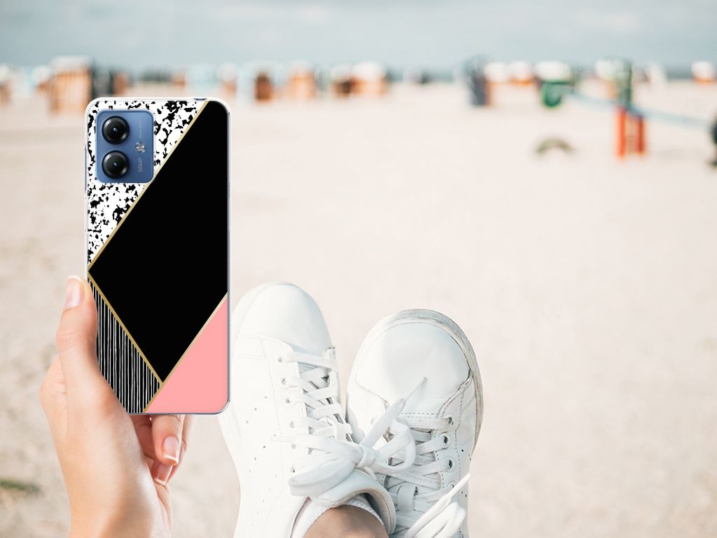 Motorola Moto G14 TPU Hoesje Zwart Roze Vormen design aanzicht