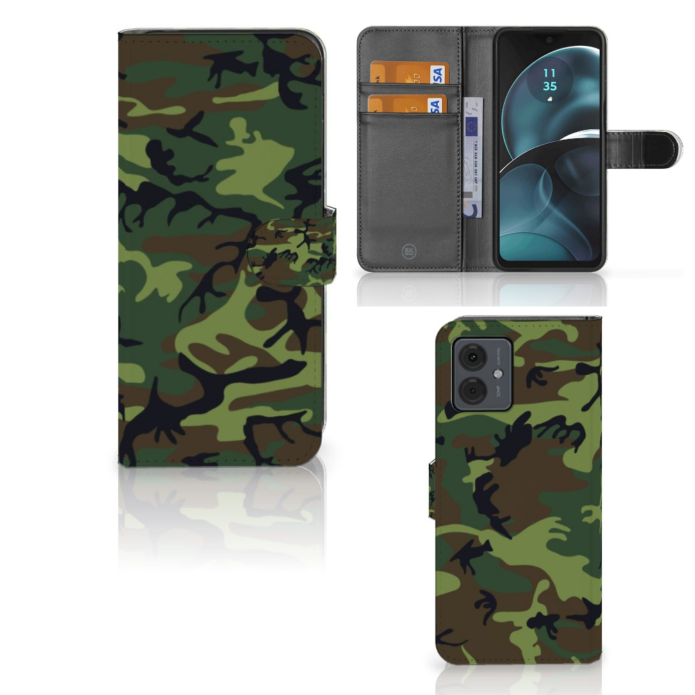 Motorola Moto G14 Telefoon Hoesje Army Dark bookcase camouflage design front back