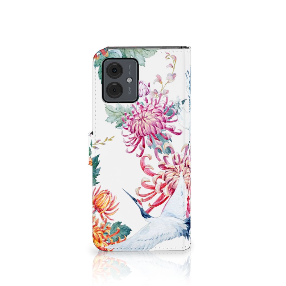 Motorola Moto G14 Telefoonhoesje met Pasjes Bird Flowers ontwerp kleurige bloemen en ooievaars aanzicht