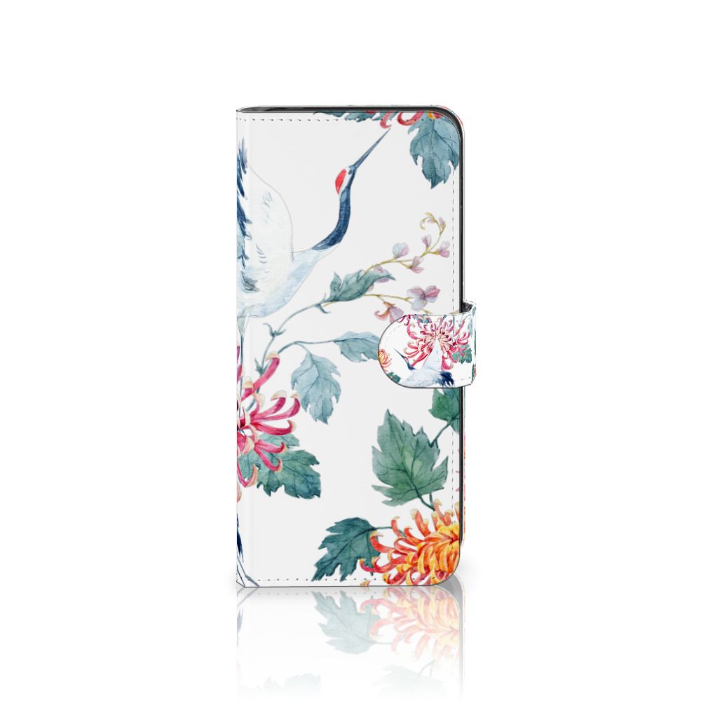 Motorola Moto G14 Telefoonhoesje met Pasjes Bird Flowers design bloemen ooievaar aanzicht