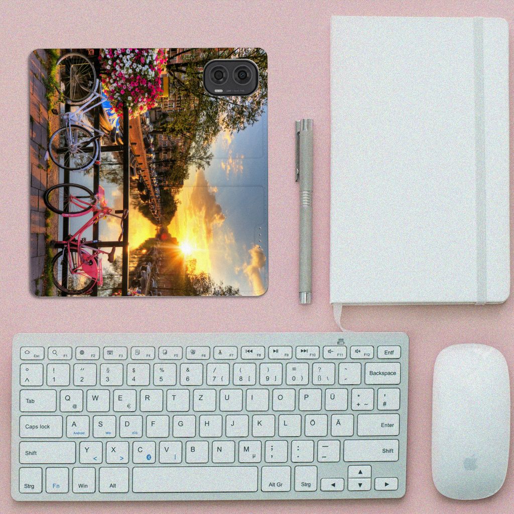Motorola Moto G24 | G04 | G24 Power Book Cover Amsterdamse Grachten fietsen bloemen zonsondergang
