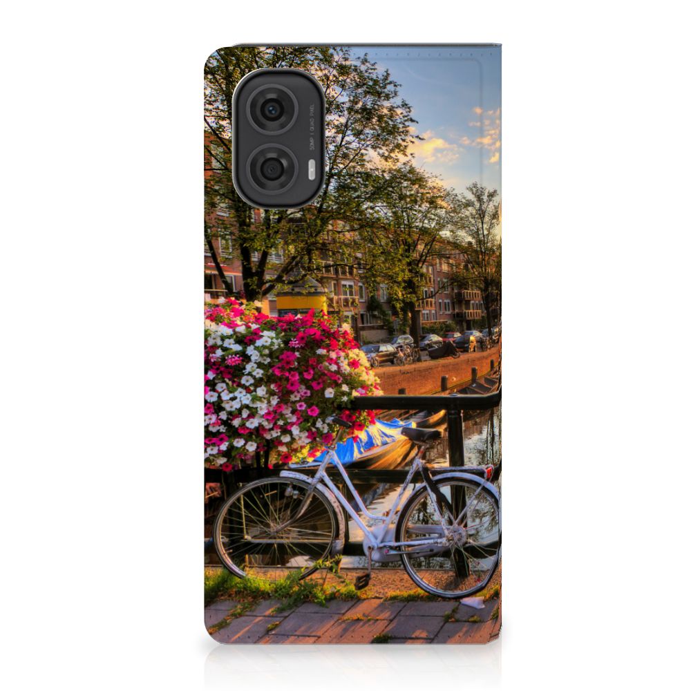 Motorola Moto G24 G04 G24 Power Book Cover Amsterdamse Grachten fiets bloemen aanzicht