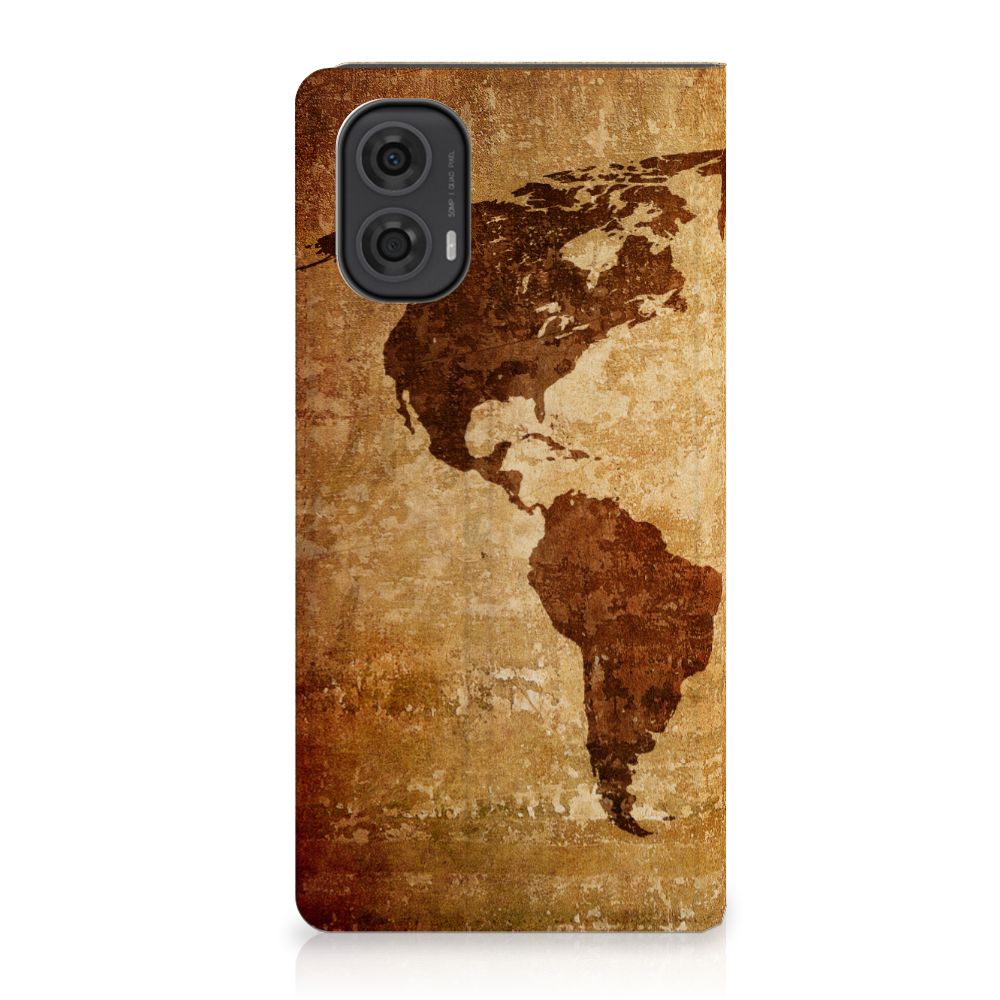 Motorola Moto G24 | G04 | G24 Power Book Cover Wereldkaart wereldkaart bruin design achterzijde