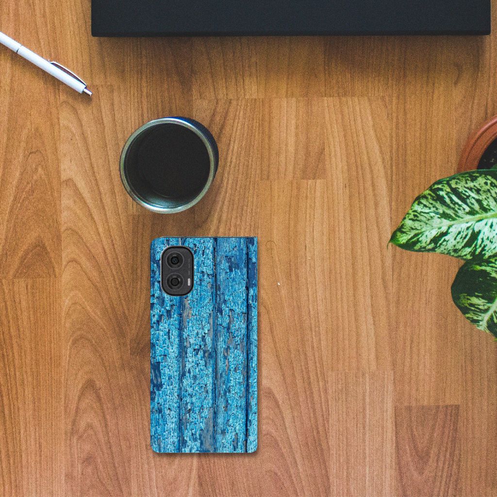 Motorola Moto G24 | G04 | G24 Power Book Wallet Case Wood Blue design blauw hout aanzicht