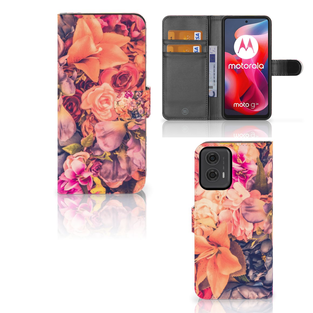 Motorola Moto G24 G04 G24 Power Hoesje Bosje Bloemen boekhoes bloemen design aanzicht