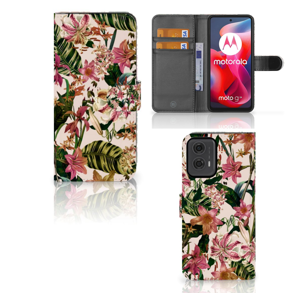 Motorola Moto G24 | G04 | G24 Power Hoesje Flowers telefoonhoesje bloemen tropisch aanzicht