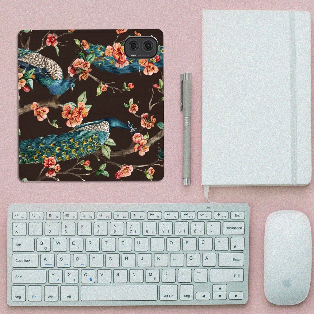 Motorola Moto G24 | G04 | G24 Power Hoesje maken Pauw met Bloemen design vooraanzicht