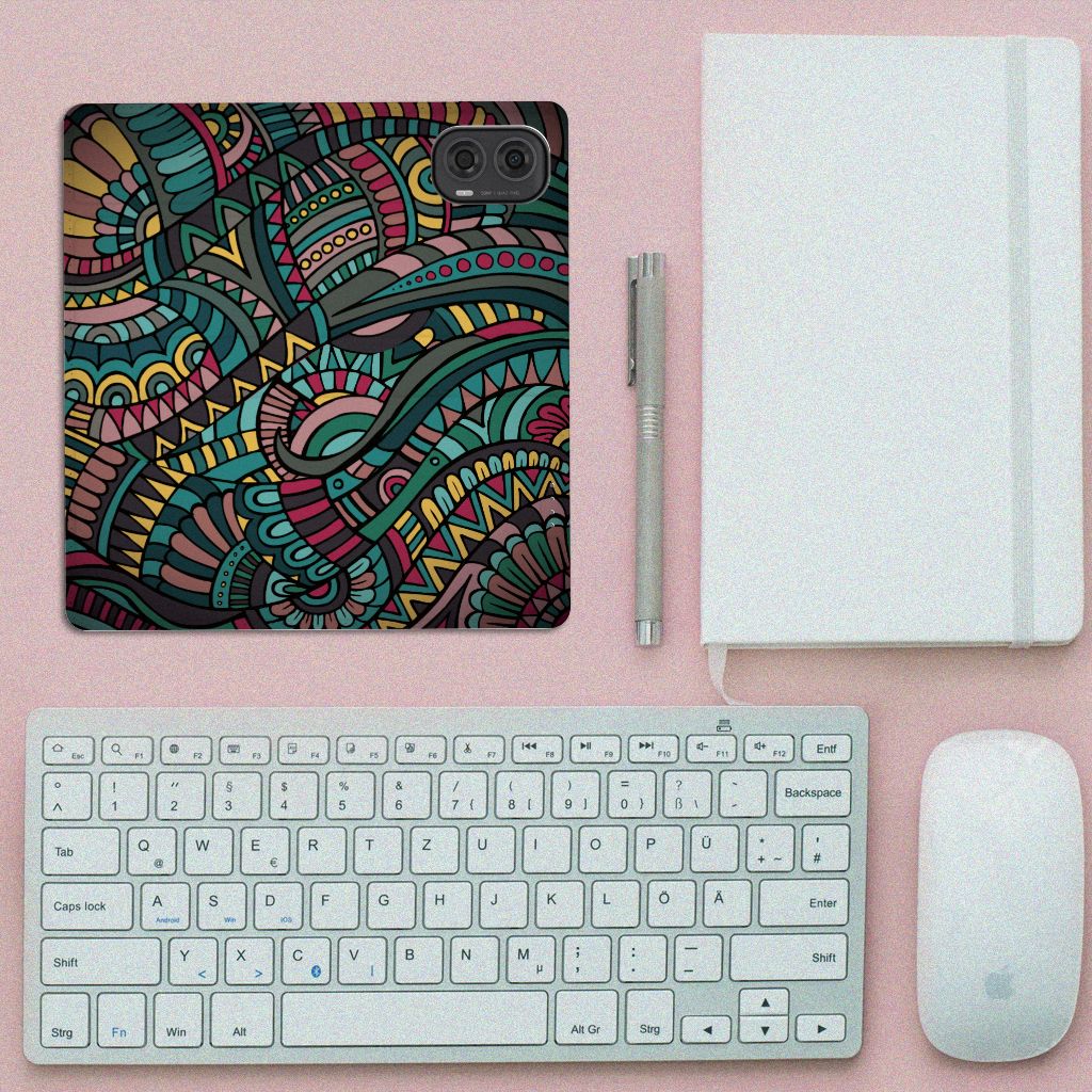 Motorola Moto G24 | G04 | G24 Power Hoesje met Magneet Aztec design kleurrijk bovenaanzicht