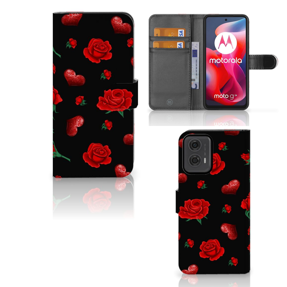 Motorola Moto G24 | G04 | G24 Power Leuk Hoesje Valentine bookcase hoesje design rose zwart aanzicht