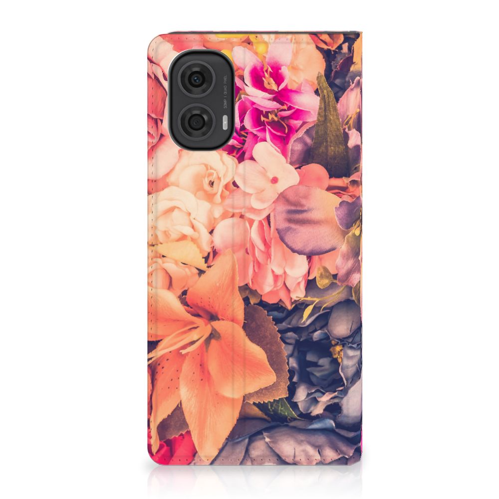 Motorola Moto G24 | G04 | G24 Power Smart Cover Bosje Bloemen bloemendesign oranje paarse roze achterzijde