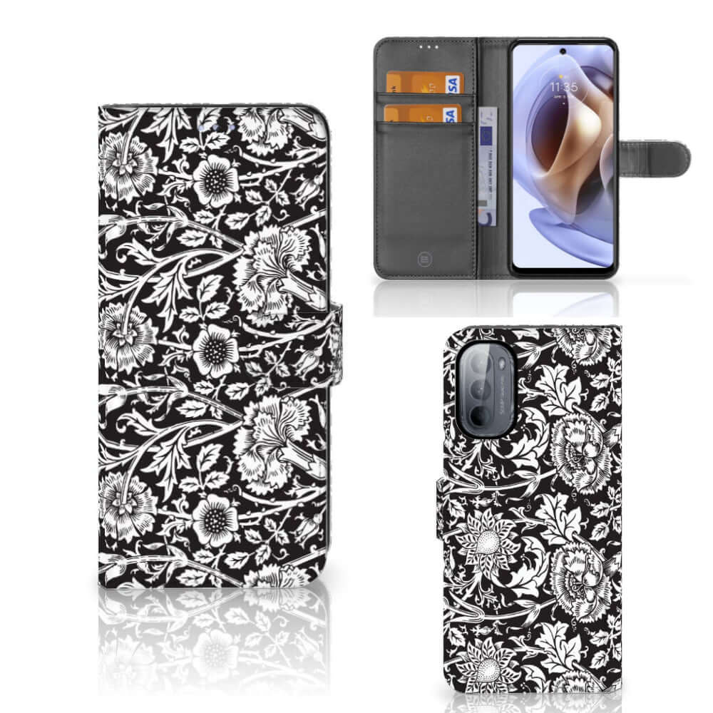Motorola Moto G31 | G41 Hoesje Black Flowers bloemenprint zwart wit voorkant binnenzijde