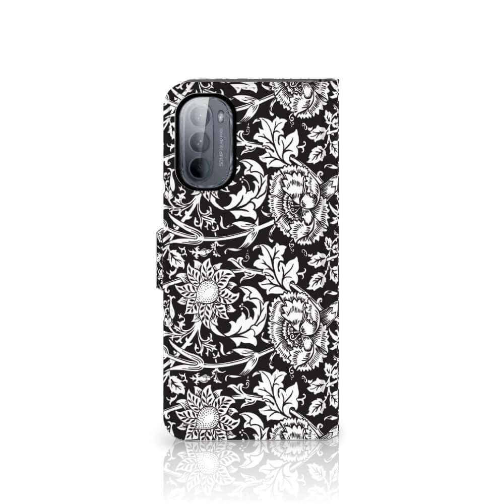 Motorola Moto G31 | G41 Hoesje Black Flowers bloemenprint zwart wit aanzicht