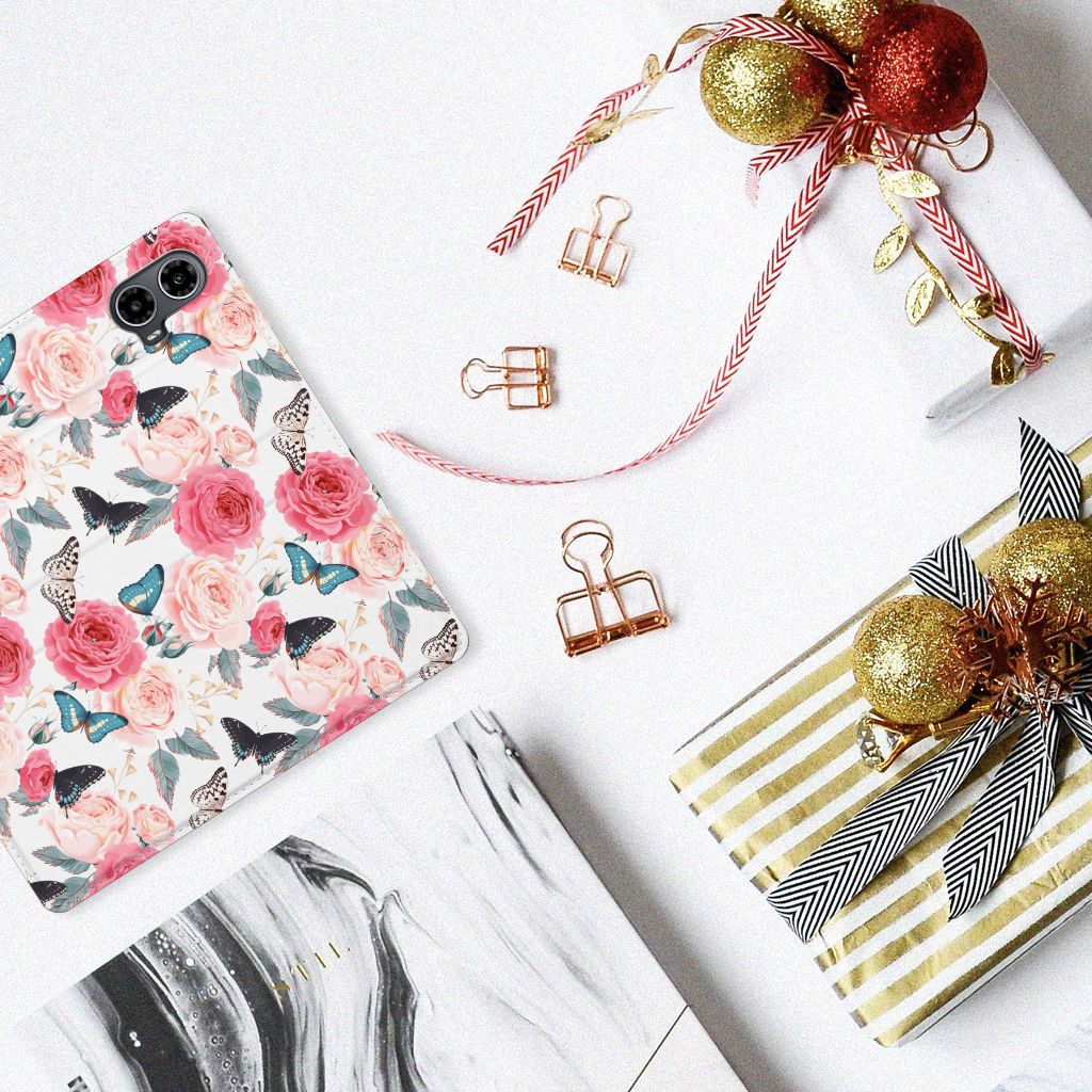 Motorola Moto G34 Smart Cover Butterfly Roses bovenaanzicht bloemen vlinders
