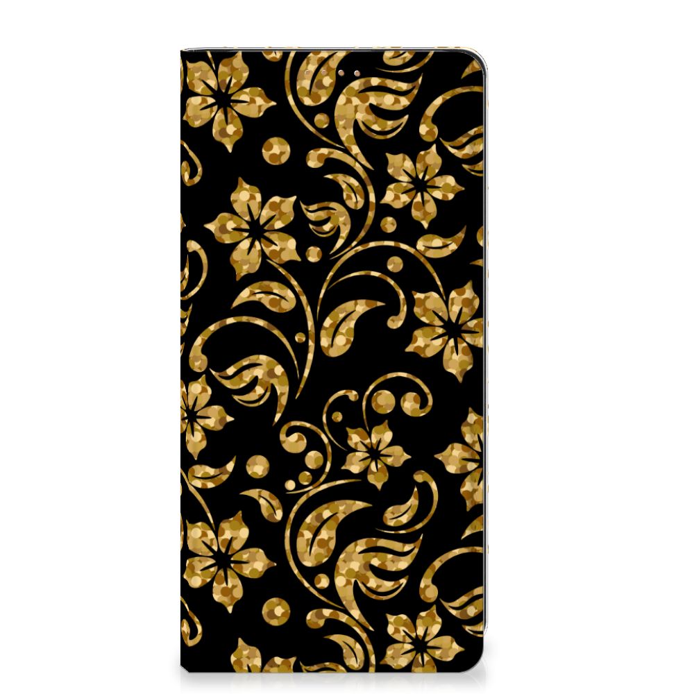 Motorola Moto G34 Smart Cover Gouden Bloemen ontwerp bloemen zwart