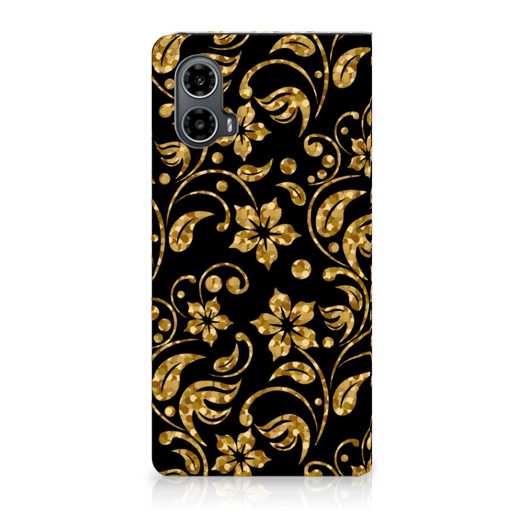 Motorola Moto G34 Smart Cover Gouden Bloemen hoesje gouden bloemen design achterzijde
