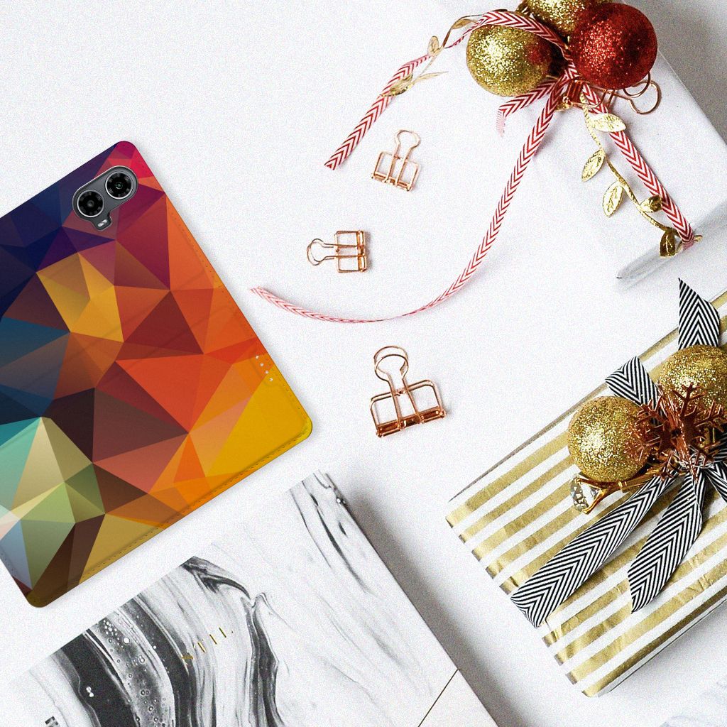 Motorola Moto G34 Stand Case Polygon Color kleurrijke driehoeken abstract design aanzicht