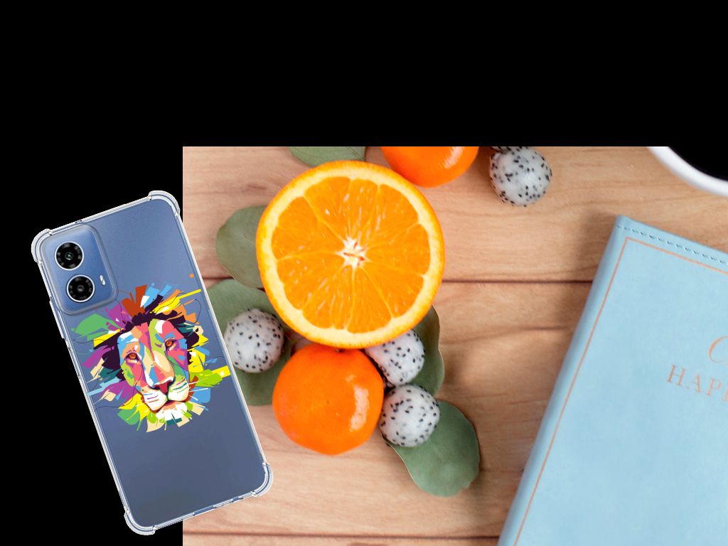 Motorola Moto G34 Stevig Bumper Hoesje Lion Color aanzicht met fruit