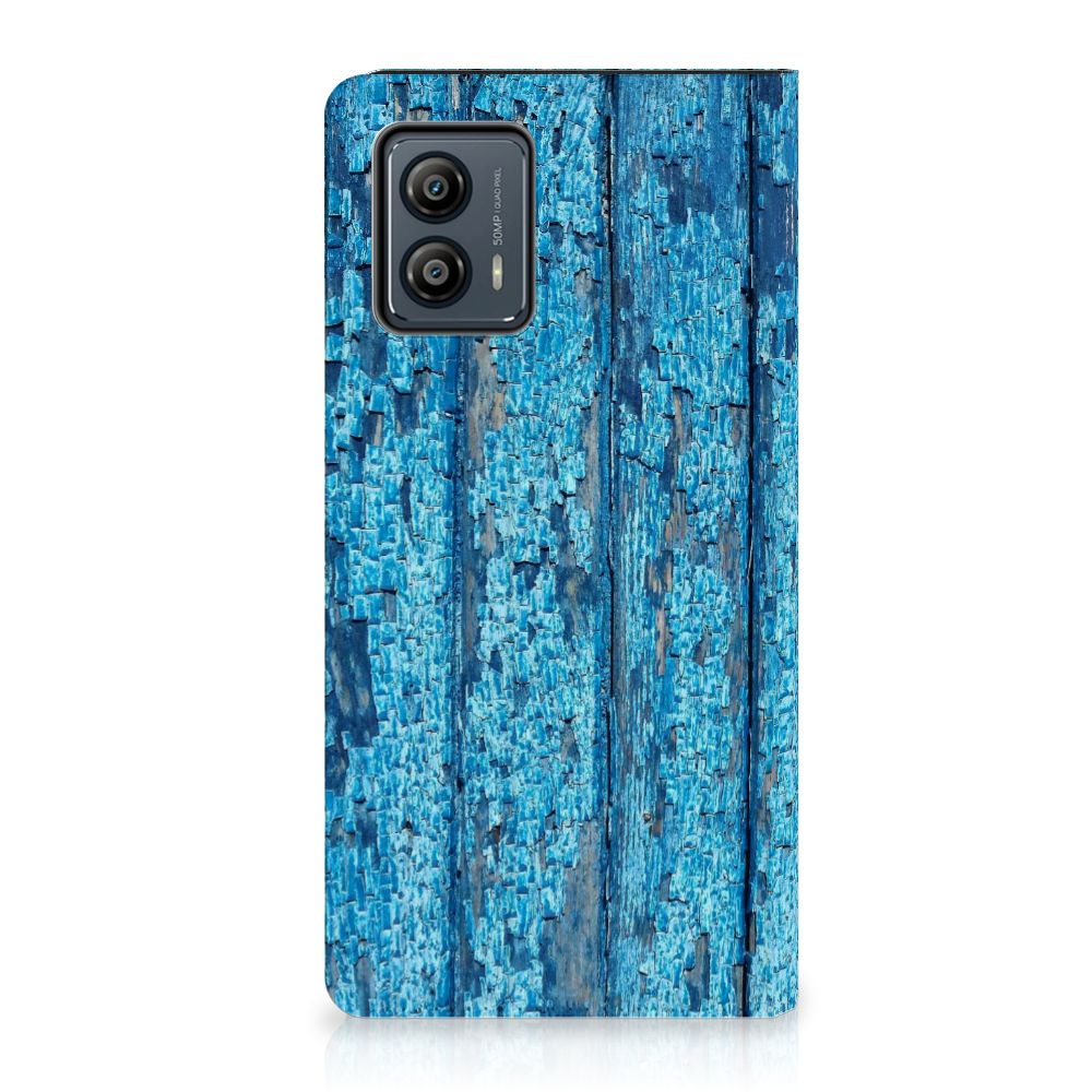 Motorola Moto G53 Book Wallet Case Wood Blue blauw hout design achterkant