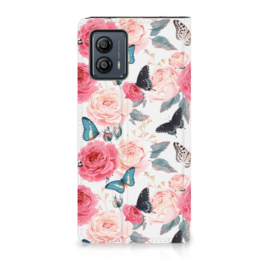 Motorola Moto G53 Smart Cover Butterfly Roses telefoonhoesje vlinders rozen vooraanzicht