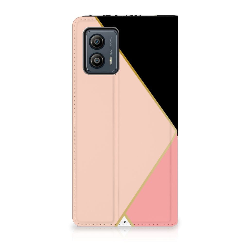 Motorola Moto G53 Stand Case Zwart Roze Vormen print design achterzijde