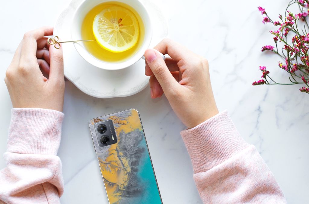 Motorola Moto G53 TPU Siliconen Hoesje Marble Blue Gold design marmer blauw goud aanzicht