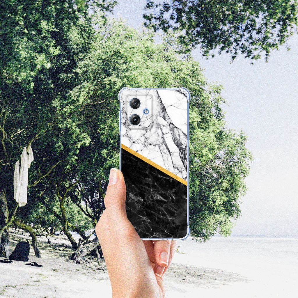 Motorola Moto G54 Anti-Shock Hoesje Marmer Wit Zwart aanzicht