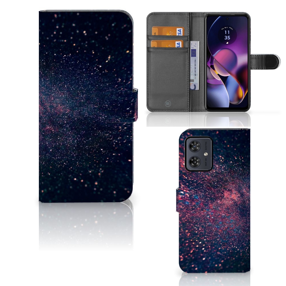 Motorola Moto G54 Book Case Stars boekhoes kunstzinnig design paarse blauwe kleuren voorzijde binnenzijde