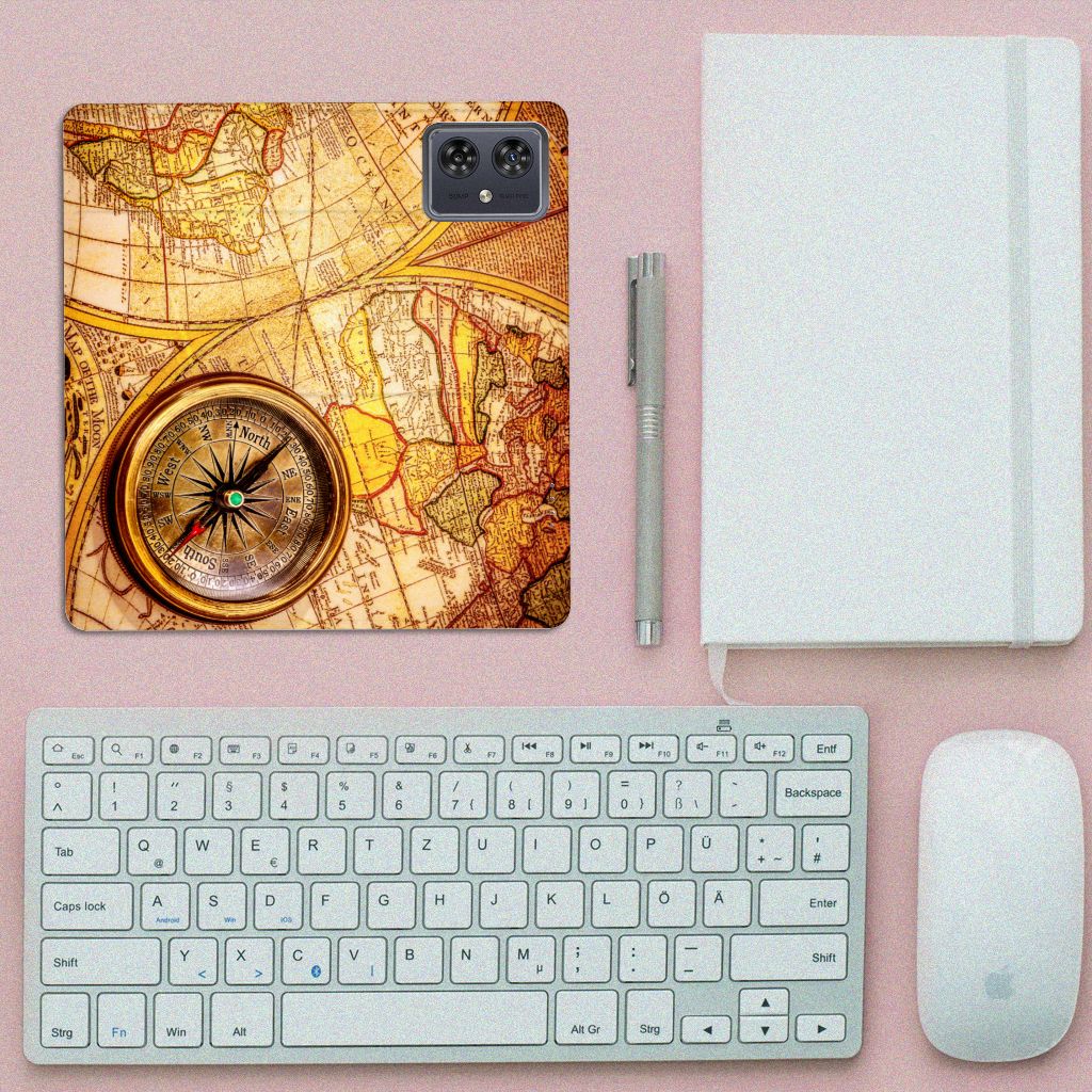 Motorola Moto G54 Book Cover Kompas kompas wereldkaart bovenaanzicht