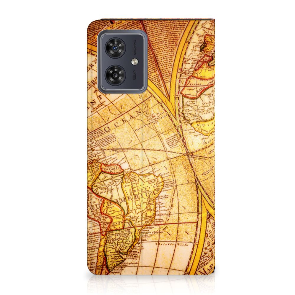 Motorola Moto G54 Book Cover Kompas kaft wereldkaart gouden tinten