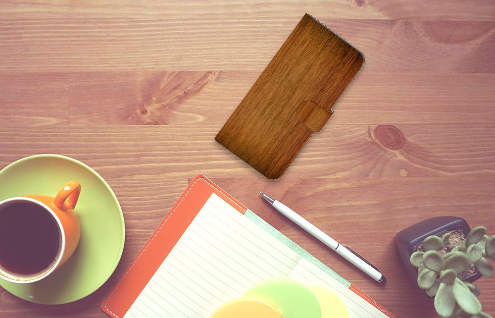 Motorola Moto G54 Book Style Case Donker Hout boek hoesje houten design bovenaanzicht