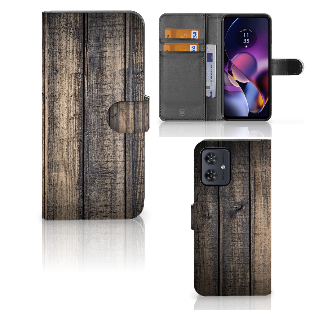 Motorola Moto G54 Book Style Case Steigerhout bookstyle hoesje houten design aanzicht