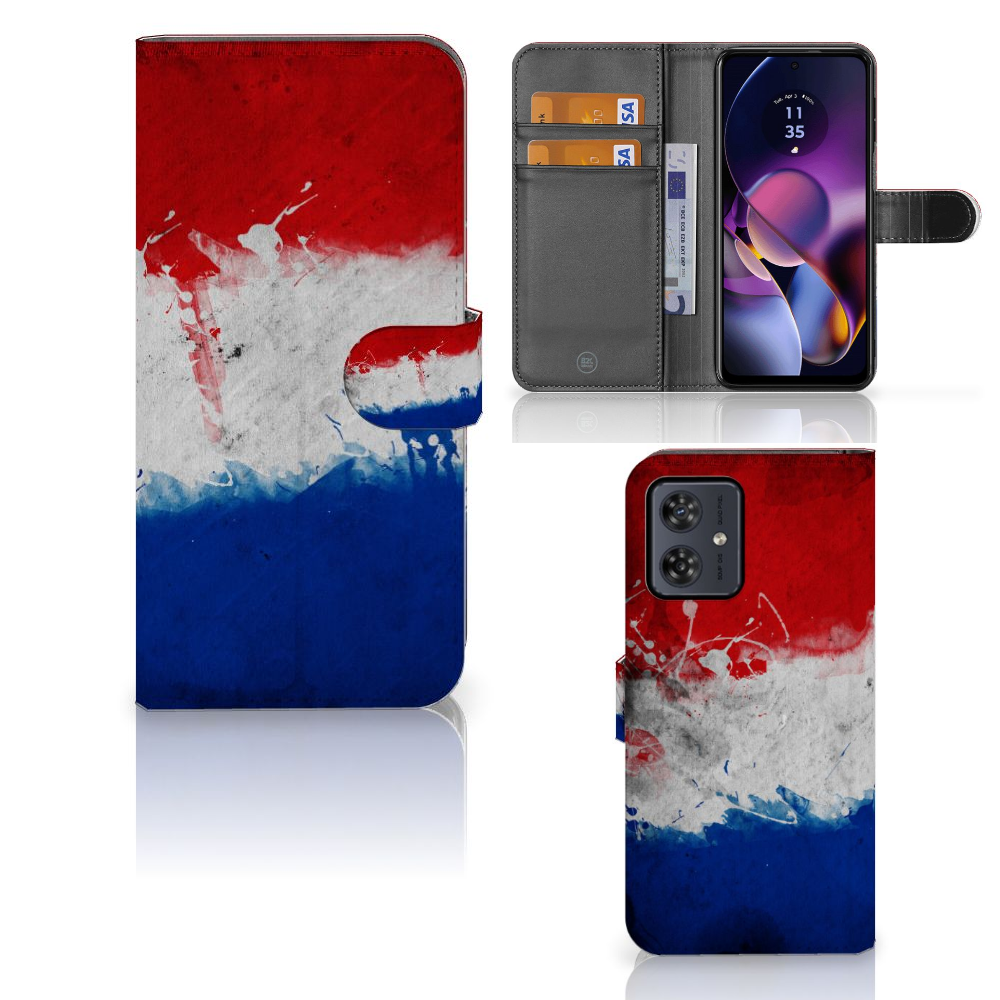 Motorola Moto G54 Bookstyle Case Nederland met artistiek ontwerp van de Nederlandse vlag.