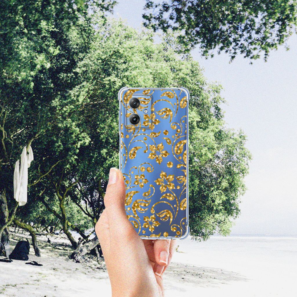 Motorola Moto G54 Case Gouden Bloemen telefoonhoesje blauw bloemen design hand held