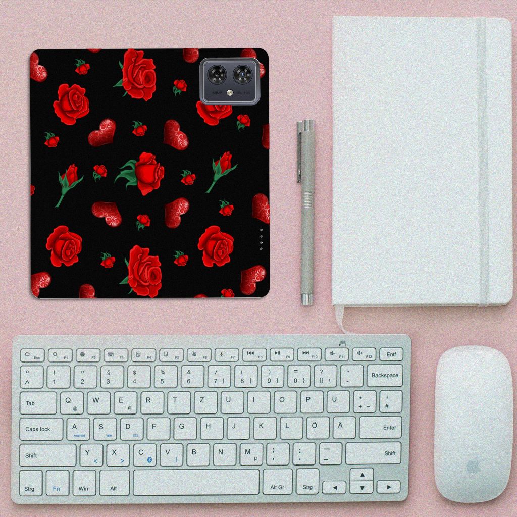 Motorola Moto G54 Magnet Case Valentine bloemen hartjes design bovenaanzicht