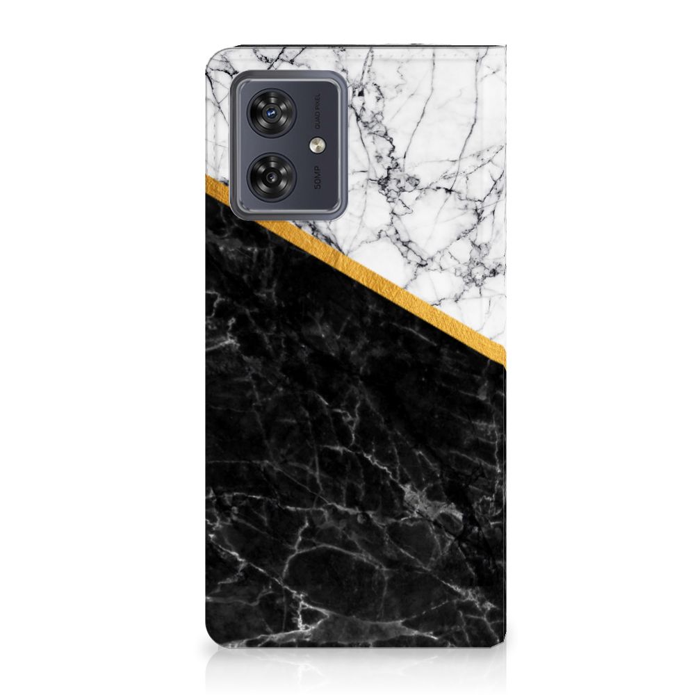 Motorola Moto G54 Standcase Marmer Wit Zwart designhoesje marmer zwartwit aanzicht