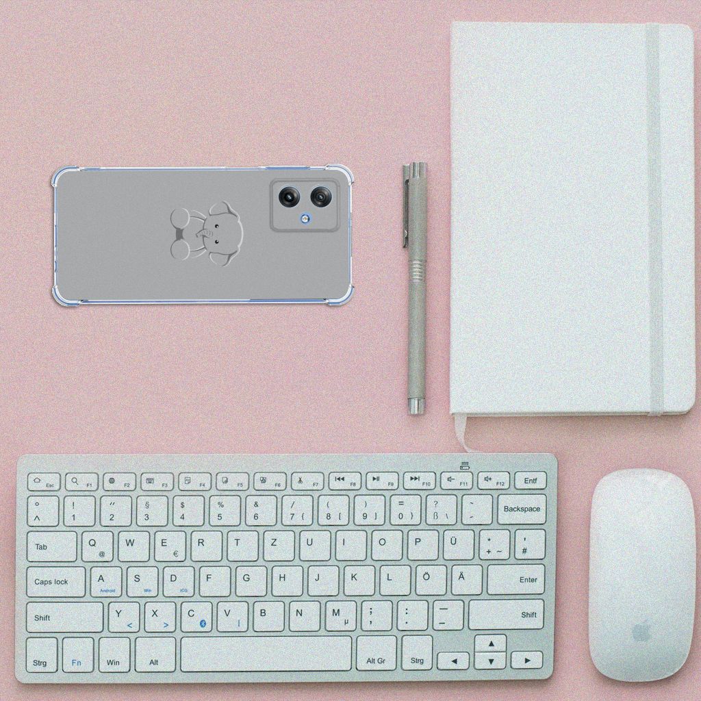 Motorola Moto G54 Stevig Bumper Hoesje Grijs Baby Olifant bovenaanzicht bureau accessoires