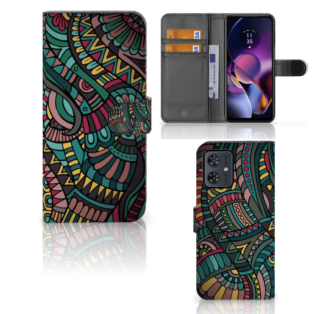 Motorola Moto G54 Telefoon Hoesje Aztec telefoonhoesje kleurrijk artistiek design aanzicht